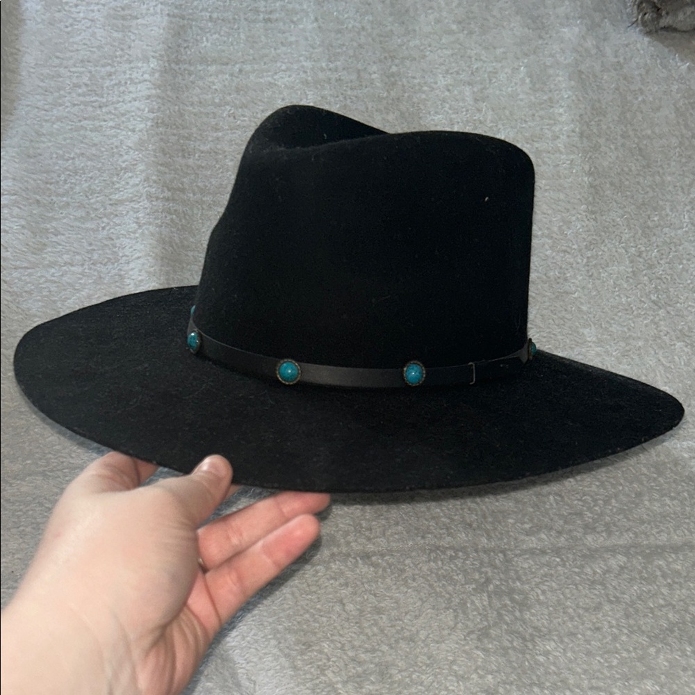 Buck & Brana Black Felt Wide-Brim Western Hat with Turquoise Accents